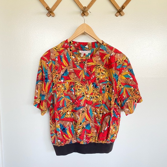 Vintage Tops - 🍋 Vintage 80s Tropical Tiger Jungle Shirt Top M/L
